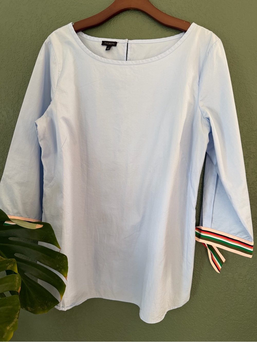 Talbots Blue Cotton Boatneck Ribbon Detail Sleeve Blouse L